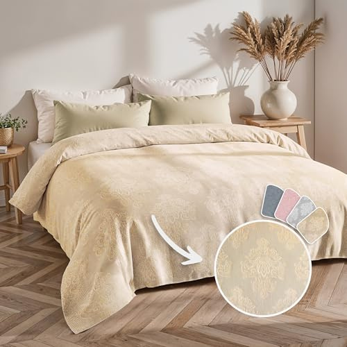 Loomvia Tagesdecke & Bettüberwurf 200x220 cm aus 80% Baumwolle & 20% Bambus | Waffeloptik | Creme | Weiche Sofadecke als Sommerdecke, Wohndecke & Sofa Überwurf | Decke für Couch & Bett