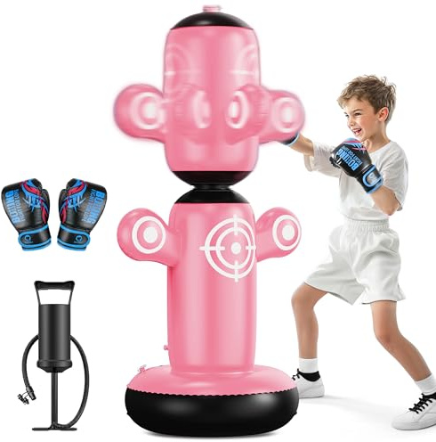 QPAU Sacco da boxe girevole a 360° per bambini, sacco da boxe per bambini da 64 pollici, con guanti, pompa a mano e 6 obiettivi, giocattolo da boxe gonfiabile, regalo per karate per ragazzi, ragazze