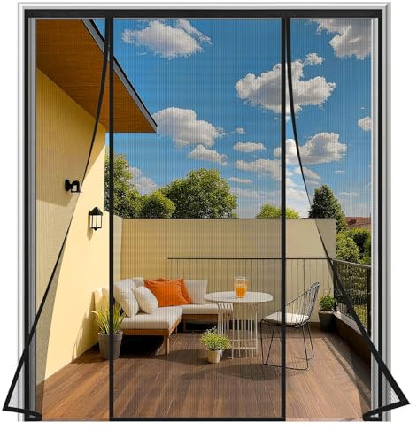 Double-Side Opening Magnetic Fly Screen Door 150x210 cm, Heavy Duty Double French Door Insect Mesh, Auto Closing Bug Curtain, No Drill Install, Full Frame Magic Tape, Translucent Fly Net, Black