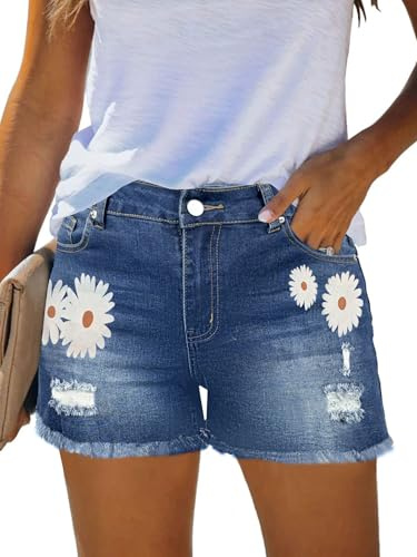 MixShe Shorts for Women Jorts Pants Womens Linen Jeans for Seniors Fall Fashion Must Haves Inspired Clothes Summer Outfits Blue Daisy Large