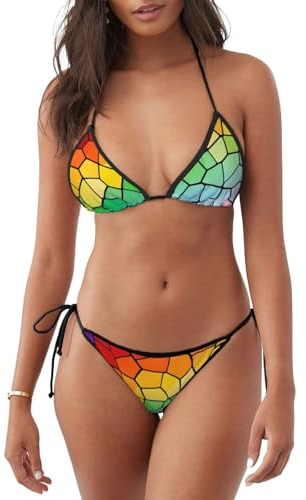 Dam sexig halterneck bikini halterbaddräkt v-ringad låg midja baddräkter S-2XL, Färgglatt målat glasmönster, M