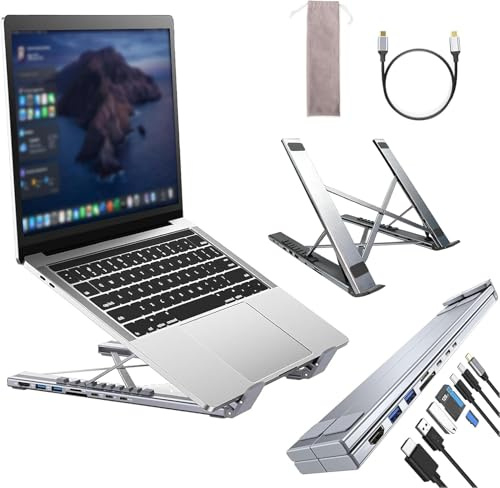 8-in-1 USB-C Laptop Docking Station with 4K HDMI, USB 3.0, 100W Power Delivery, HDMI 4K@30Hz, Aluminum USB C Dock Tablet Stand Dock Station, Adjustable Foldable Holder, Plug and Play for Home Office