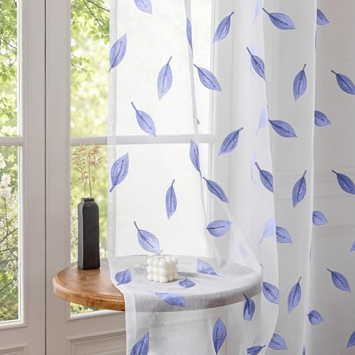 CYCMACO Tende Per Interni Moderne In Voile, 2 Pezzi 140x300cm, Voile Semi Trasparenti Tende Con Ricami, Tenda Con Occhielli, Per Soggiorno Camera Cameretta Balcone Finestra, Blu Scuro