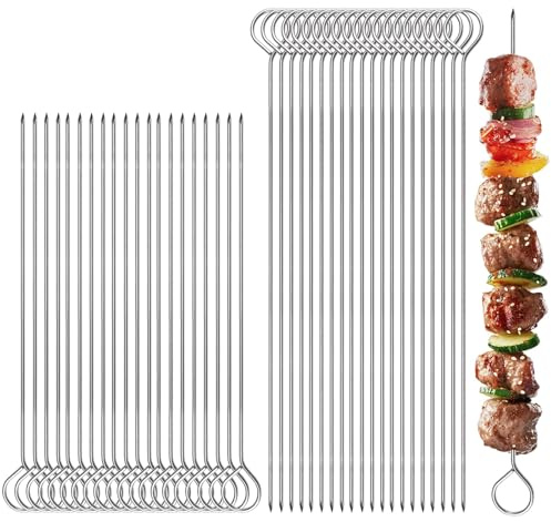 40 PCS BBQ Metal Skewers, 20cm 25cm Stainless Steel Kebab Skewers | Chicken Kebab Skewers Reusable Food-Grade, Oven, Air Fryer, Turkey and Party Cooking Accessories