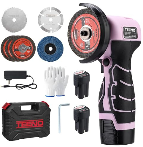 TEENO Mini Smerigliatrice Angolare a Batteria 76 mm, 19500 RPM, 2 Batterie | Flessibile compatto taglio levigatura lucidatura metallo legno piastrelle plastica 6 dischi,2x2000mAh,caricatore e custodia