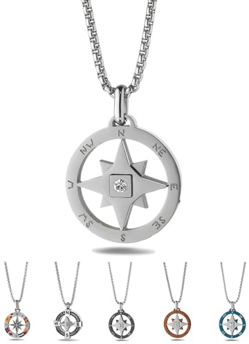 inSCINTILLE Collana Uomo Acciaio Ciondolo Rosa dei Venti, Lunghezza Regolabile 48-53 cm, Confezione Regalo Inclusa, Collanina Uomo Pendente, Catenina (Rosa dei Venti e Zircone - Argento)