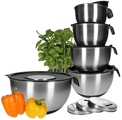 TP Schüssel-Set aus Edelstahl, 15-teilig, Anti-Rutsch Rührschüsseln mit Deckel, Griff, Messbecher und Ausguss, inkl. Zubehör, Spitz-Schutz für Teig, Gemüse-Hobel zum Reiben von Salat, stapelbar