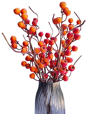 Oletabeth Paquete de 4 tallos artificiales de bayas de naranja de 60 cm, ramas de bayas de acebo de imitación para el hogar, vacaciones, bodas, manualidades, decoración