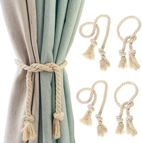 4 Piezas Abrazaderas Cortinas, Tiebacks de Cortina Trenzados a Mano, 100 cm Retención de Cuerda de Cortina Cortinas Decoración de Sala de Estar para Dormitorio Salón y Oficina (Beige)