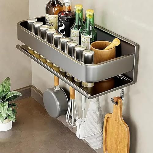 Gewürzregal, Gewürzregal Wand, Gewürzregal Hängend Mit Haken, Küchenregal Wand Ohne Bohren, Gewürzregale aus Metall, küchenregal wand für Küche, Schrank, Badezimmer, grau, 50cm