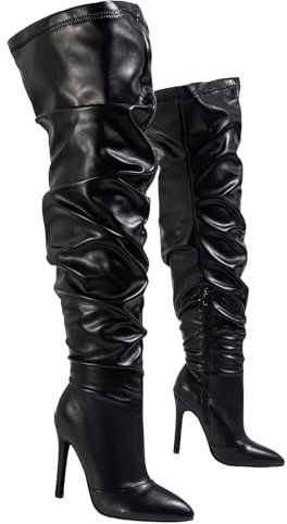 FUIPOT Donna super tacco alto sopra il ginocchio stivali 10.5Cm/4.13Inthigh High punta Stiletto Sexy PU pelle lunghi stivali Sexy Pole Dance Stivali Zip laterale,Nero,41 EU