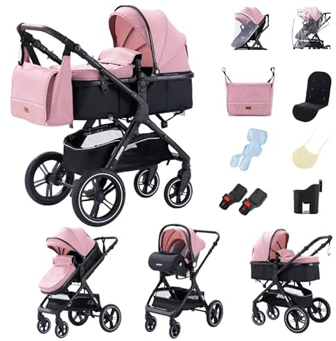 GLOKID Kinderwagen 3 in 1 Komplettset, Zusammenklappbar, Kompakt, 0-4 Jahre, bis 25 kg, Verstellbarer Baby Kinderwagen, Zubehör (HX1 Pink)
