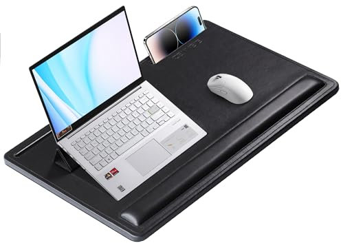 CENNBIE Bureau en cuir avec coussin en mousse à mémoire de forme 61 x 40,6 cm – Plateau portable réglable pour ordinateur portable de 17 à 19 pouces – Repose-poignet intégré léger (noir)