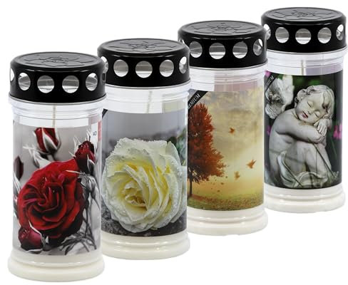 Horeca Candles - Grabkerzen 4 Tage Brenndauer - 4er Set Grablicht mit Deckel - Weiß Wachs - Trauerkerzen mit Motiv - Friedhofskerze für Grabdeko