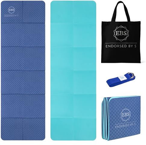 EBS Foldable Yoga Mat Non Slip with Yoga Strap & Carry Bag, Premium Fitness Mat for Yoga, Pilates & Home Workouts, Exercise Mat Waterproof, Travel Yoga Mat 183 x 61 x 0.6 cm