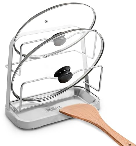 LELE LIFE Pot Lid Holder, Pot Lid Organizer 304 Stainless Steel, Pan Cover Spoon Rest and Cutting Board Holder Stand, Pot Lid Rack for Stove Top with Suction Cup & Drip Tray