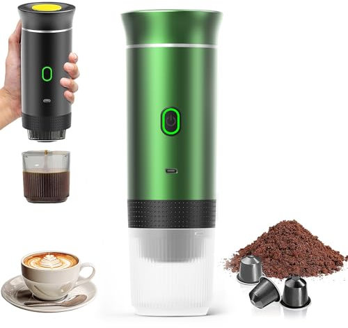 PZCC Cafetera Portatil, Cafetera Portátil Cápsula de Espresso 3 en 1, Autocalentamiento de 2a6 Minutos, Para Cápsulas Pequeñas o Grandes y Café Molido,Cafetera Portátil para Oficina y Hogar (Verde)