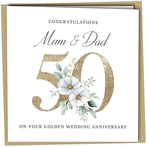 Oscar Finks 50th Golden Wedding Anniversary Card for Parents, for Mum & Dad, White Floral Design, 350gsm Card #1800