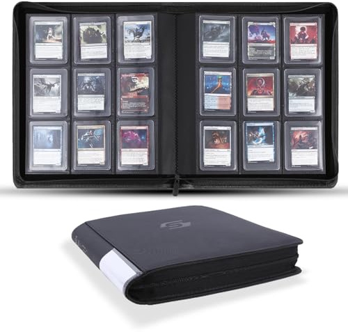 Snekdy Top loader Binder, 9 Pockets Top Loader，Holds 360 Top Loaders cards, Card binder with Sleeves for card in 3 x 4 inches color smooth Zipper PU Leather (Black)