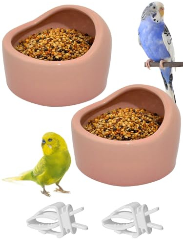Niwaes 2 Pcs Bird Food Bowl Small Ceramic Bowls for Birds Parakeet Food Bowl Parrot Feeding Cups, Bird Cage Feeder with 2 Plastic Feeding Clips for Parakeets Conure Cockatiels Lovebird Budgie (Pink)