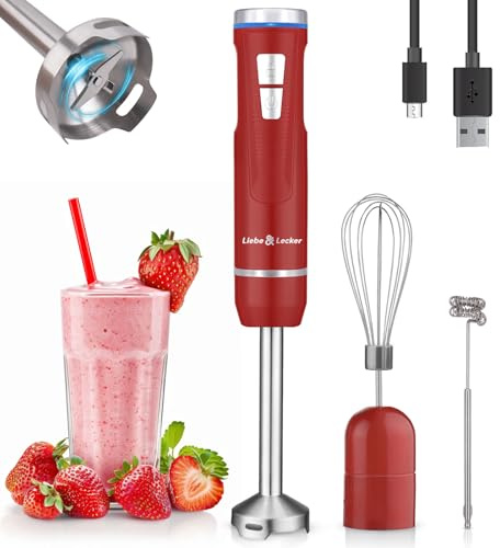 Liebe&Lecker Immersion Blender Handheld Cordless, 3 in 1 Cordless Hand Blender, 8 Speed Emulsion Blender Handheld with Whisk Milk Frother for Soup Smoothie Red