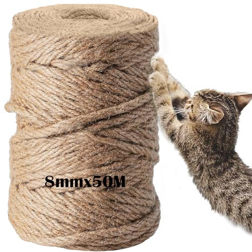 Cuerda de Sisal Natural 8mm x 50m - Rollo Extra Resistente (4 Hebras) para Rascadores de Gatos, Manualidades, Decoración y Jardinería | Ideal para Reemplazo y Proyectos DIY