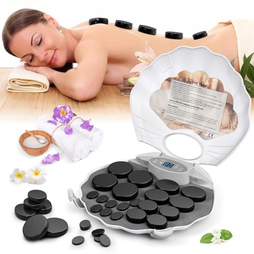 Kit de massage aux pierres chaudes, 20 pierres de massage en basalte dans une mallette chauffante portable, pierres de lave pour massage, pierres de basalte adaptées aux particuliers (Gris-Blanc)