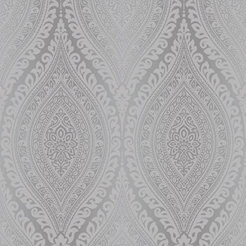 Grandeco Kismet Damask Muster Tapete Metallische Glitzern Motiv Art Deco - Silber A17703