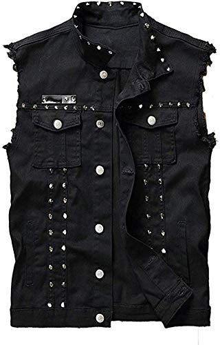 Idopy Giacca da uomo senza maniche con gilet in denim punk slim fit da uomo con rivetti nero 5XL