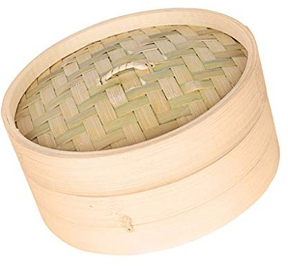 Inzopo Bamboo Steamer Single Tier Bamboo Steamers for Steaming Dim Sum Dumplings Buns Vegetables Meat Fish Rice, 3 Sizes to Choose - Brown+Brown, 18cm