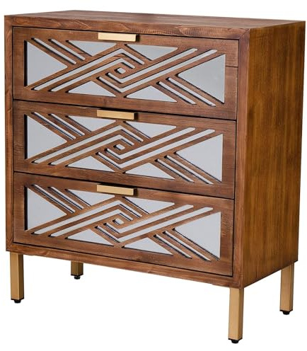 COZAYH 3-Drawer Accent Dresser, Geometric Mirror Front Drawer Organizer Chest with Metal Handles & Legs - Modern Living Room, Entryway, or Bedroom Furniture