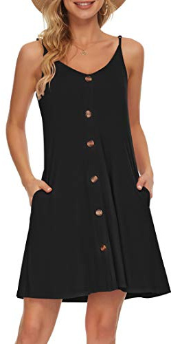 AUSELILY Vestido de Playa Informal con Cuello en V y Correa de Espagueti de Verano para Mujer con Bolsillos