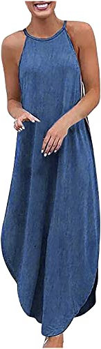 Masrin Jeanskleid für Damen Vintage Trägerkleid mit Löwenzahn-Mond-Stern-Print Ärmelloses Neckholder-Knöchellanges langes Kleid in Übergröße Partykleid mit unregelmäßigem Saum und Schlitz