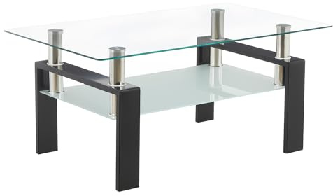 MOG CASA - Mesa de Centro 100 x 60 x 44 cm Porter, Mesa de Cafe Rectangular con Vidrio Templado Transparente 6 mm y Estructura Negra, diseño Elegante, para salón y Zona Lounge
