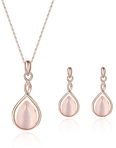 HSAJS Schmuck Set für Damen,Halskette Kette Ohrringe Set, Schmuckset mit Kristallen,Rosegold Hochzeit Schmuck Set Edelstein Brautschmuck Set- Ohrhanger für Frauen - Halskette mit Anhänger (Pink)