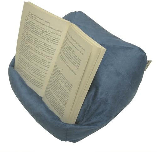 LESEfit Soft Buchkissen Lesekissen – frei formbarer Buchhalter für Bett - Handgefertigt aus Antirutsch Wildlederimitat & Mikroperlen – weich waschbar drehbar – blau matt