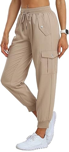 JINSHI Damvandringsbyxor, cargobyxor, lätta joggingbyxor, snabbtorkande fritidsbyxor, funktionella byxor, utomhusbyxor med fickor, Js27-khaki, L
