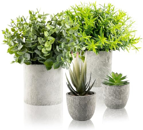 ilauke 4 Stück Kunstpflanze, Künstliche Pflanzen Wie echt Eukalyptus Rosmarin Babysbreath, Fake Plant für Deko Wohnzimmer, Home Schlafzimmer Badezimmer Küchen Büro Office Zimmer Zuhause Innen Deko