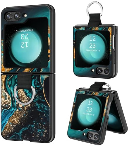 BENTOBEN for Samsung Z Flip 5 Case with Ring Holder, Glow in the Dark Green Gold Marble Pattern Slim Silicone Flexible Full Protective Women Men Shockproof Case for Samsung Galaxy Z Flip 5, Green
