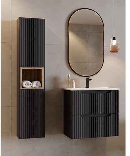 Lomadox Badezimmer Badmöbel Set 3-teilig, schwarz mit Eiche, gerillte Front, wandhängend, 60cm Waschtisch
