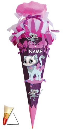 BASTELSET - Schultüte Kätzchen mit Maus 85 cm - incl. Namen - mit Holzspitze - Zuckertüte Roth - ALLE Größen - 6 eckig Mädchen Katze Tiere Katzen Stubentiger ..