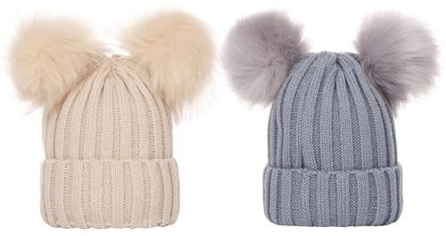 TYXHXTF Sombrero de Invierno para Bebé, Gorro de Punto con Pompon para 0-3 Años Niño Niña (2 Pcs, Blanco Leche + Gris)