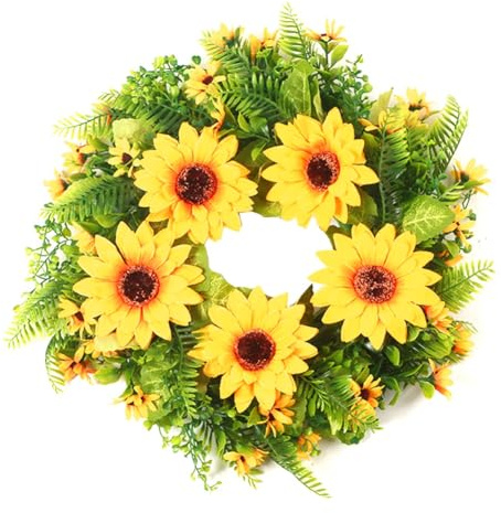 Plmvhpb Künstlicher Sonnenblumen-Sommerkranz - Dekorativer Künstlicher Blumenkranz mit Gelber Sonnenblume und Grünem Blatt für Haustür