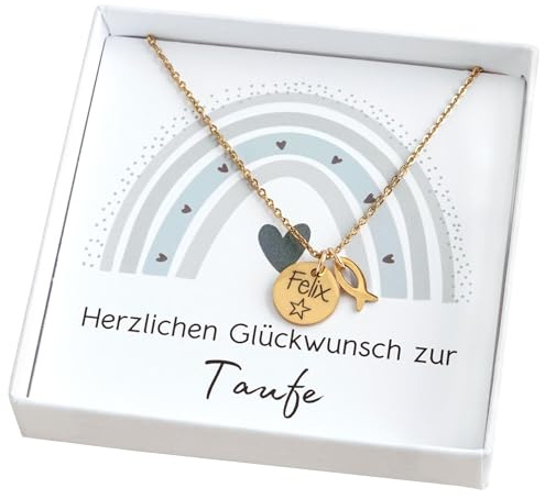 Taufkette mit Fisch Anhänger Gold Silber Namenskette mit Gravur Geschenk Taufe Kommunion Konfirmation Taufgeschenk Mädchen Junge Patenkind mit Geschenkschachtel