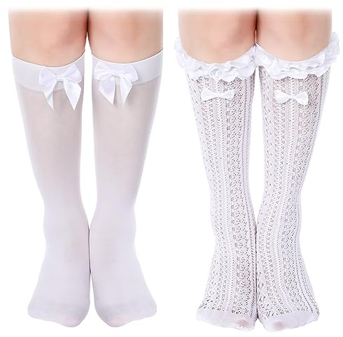 Sintege 2 Paar TracSintege 2 Paar Trachtensocken Damen Dirndl Strümpfe 35-42 Weiß Trachten Kniestrümpfe mit Spitzen Schleifen Rüschen Asseccoires Outfit(Knielang,Fliege)