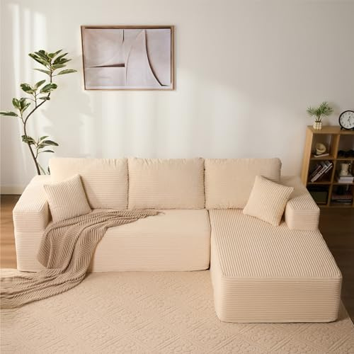 Litbird Sofá esquinero Modular en L con función Cama y Chaise Longue Derecha – Tapizado en Pana, Asiento Profundo – Sofá Cama para salón – Sin Montaje (Beige, Chaise Longue Derecha (Frente))