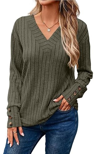 Dam mjuk v-ringad långärmad toppar button-down pullover ledig stickad tunika tröjor för höst, Armégrönt, XL
