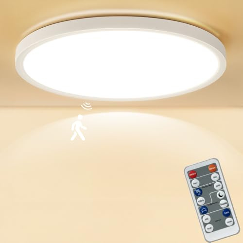 Eregou LED Deckenleuchte mit Bewegungsmelder Dimmbar, 5.8G Radar Sesor Deckenlampe mit Fernbedienung, 24W 2400LM IP44 Wasserfest 3 Farbtemperaturen Licht Für Bad, Keller, Garage, Treppe, Flur, Balkon