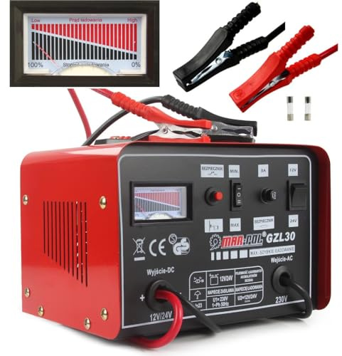 IMJ-Global - Carica Batteria per Auto e Moto Portatile per Batterie al Piombo (12V-24V | 30-180 Ah) Caricabatterie Auto Professionale con Ricarica Rapida, Interruttore AntiSurriscaldamento, Rosso