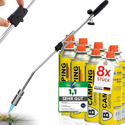 MAGNUM® Unkrautbrenner [1100°] mit Piezozündung – Abflammgerät zur effektiven Unkrautbekämpfung – ergonomischer Unkrautvernichter mit regulierbarer Flamme – inkl. 8 Gaskartuschen (8 Kartuschen)